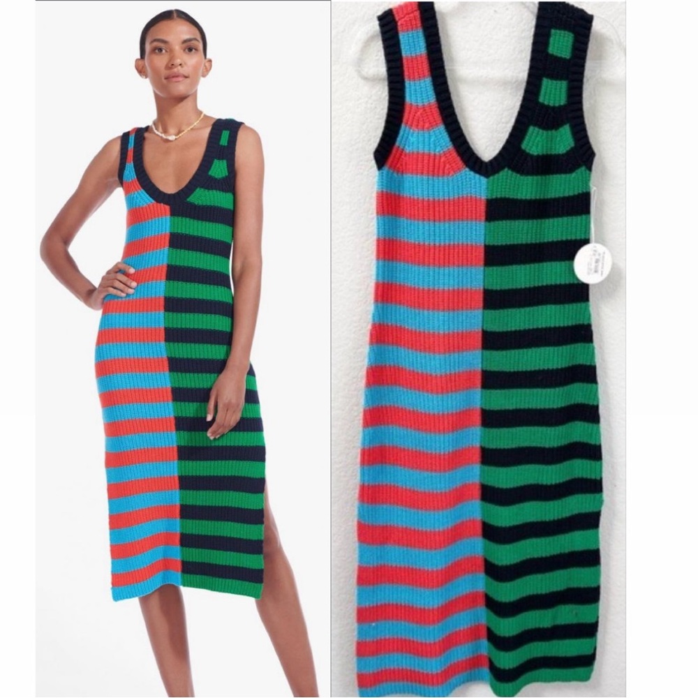 Staud Dark Seashore Cabana Stripe Midi Dress